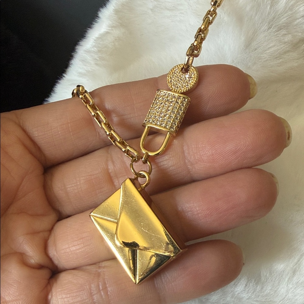 14K Gold-Plated Chain with Gold Envelope Pendant and Crystal Lock Necklace